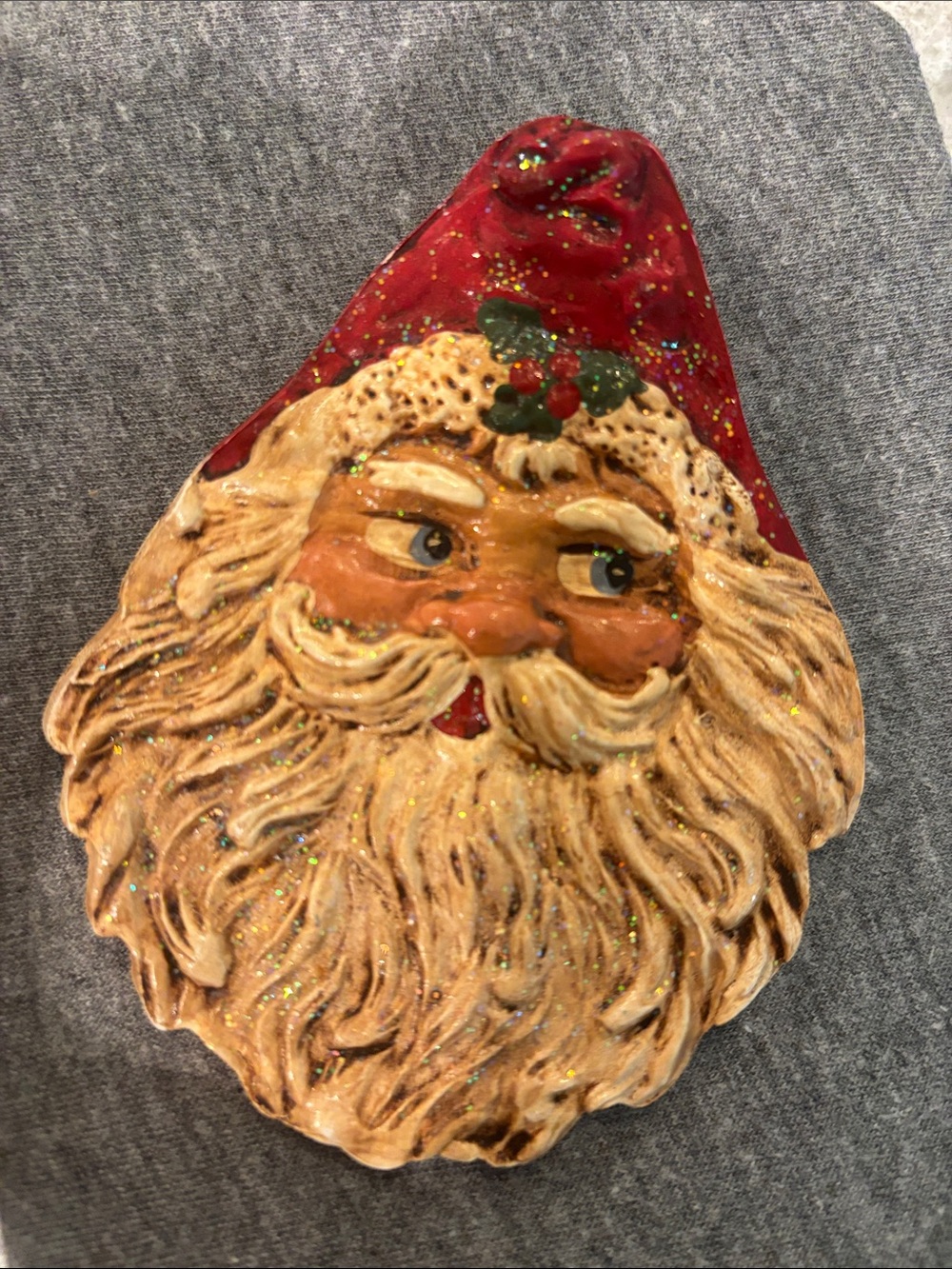 C.H. Vintage Santa Face Pin or Brooch with Green Holly Leaf And Berries